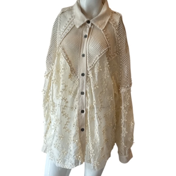 Porter Collective Cream Lace & Pearl Oversized Balloon Sleeve Shirt Size M - Picture 6 of 15